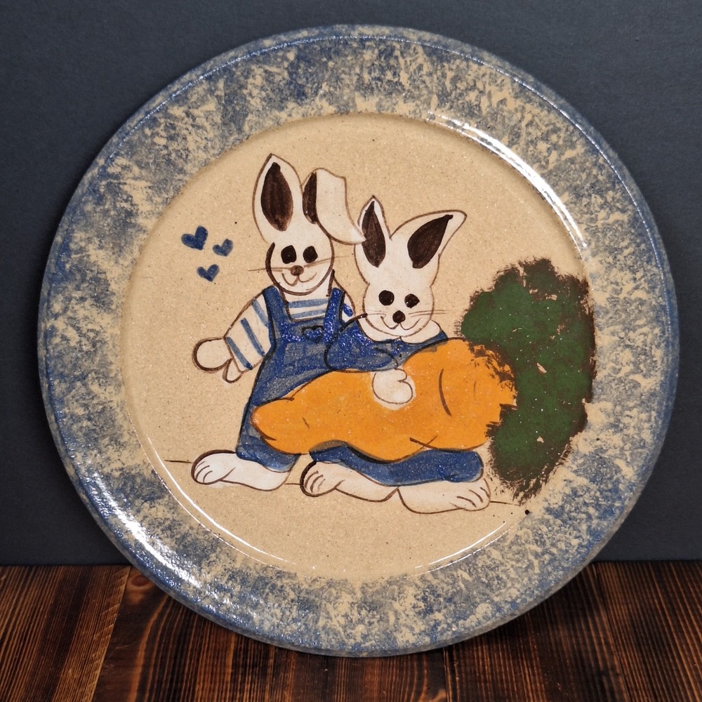 Easter Bunny Stoneware Pottery Plate Blue Spongeware 8" Handmade Carrot